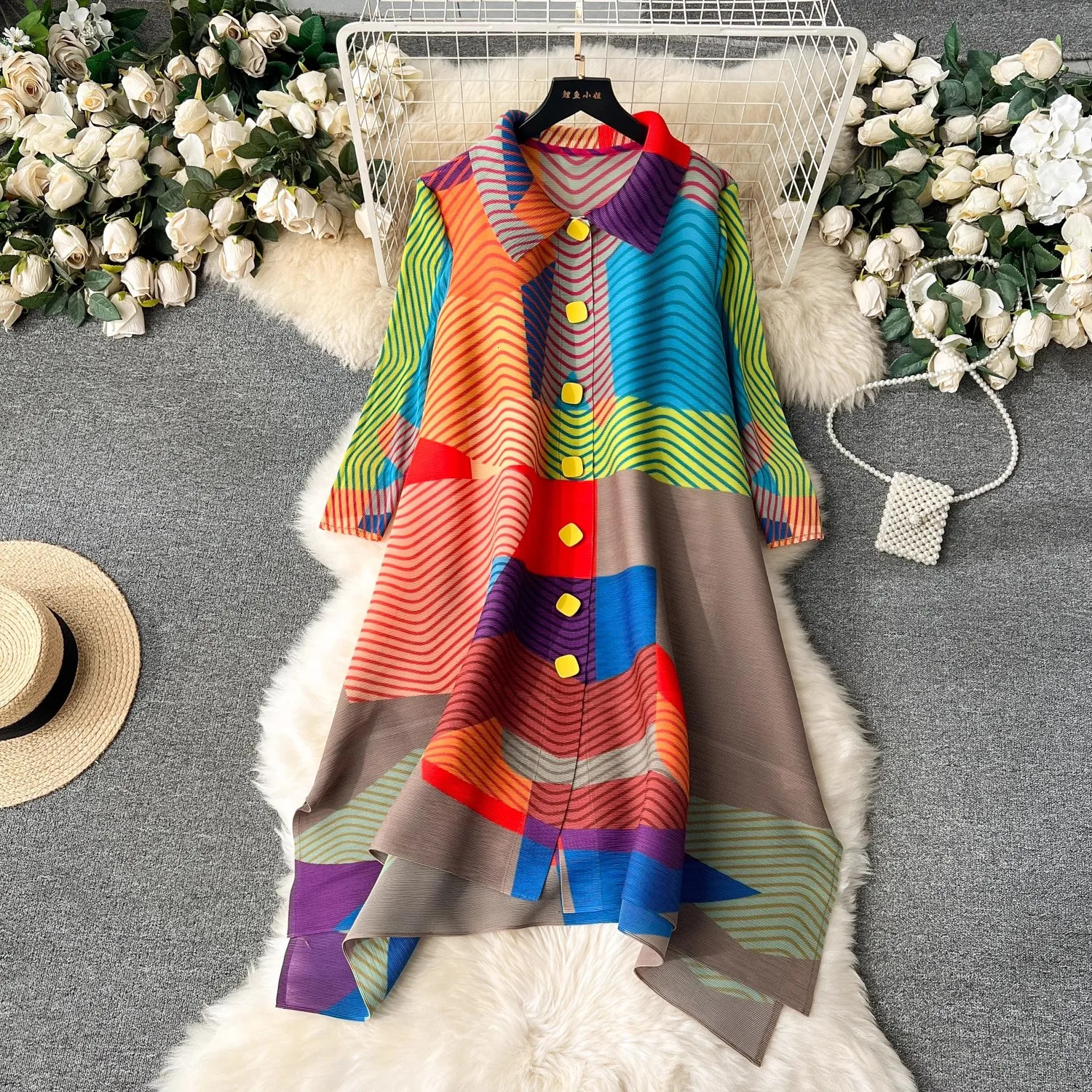 Miyake Pleated Drape Dress Women Spring Summer Colorblock Printing Lapel 34 Sleeve Single-breasted Fashion Shirt Dresses 260324
