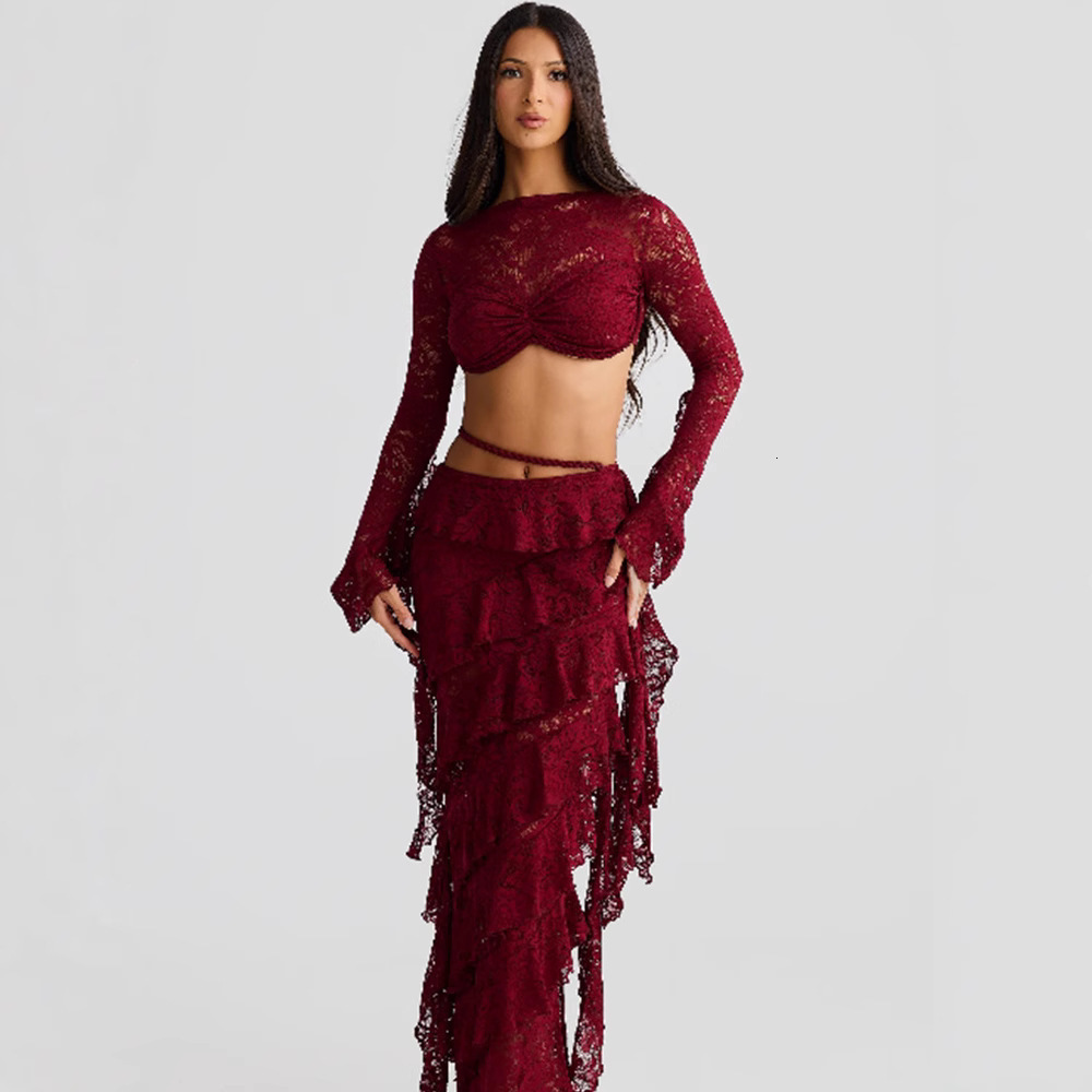 Sexy Lace Hollow Out Skirt Set Women Square Collar Ribbon Crop Top A-line Mini Split Skirt Female Sets Summer Lady Suit 250614