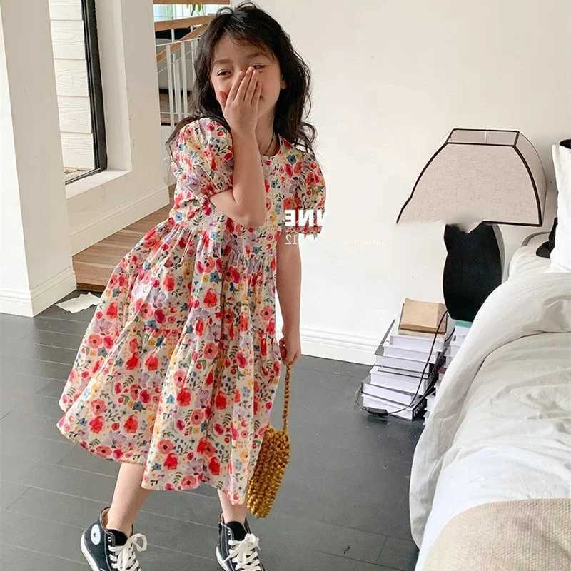 Children Summer Cute Dresses Girls Print Floral Vestidos Baby Casual Short Sleeves Dress 2024 New Kids Puff Sleeve ClothingT260330
