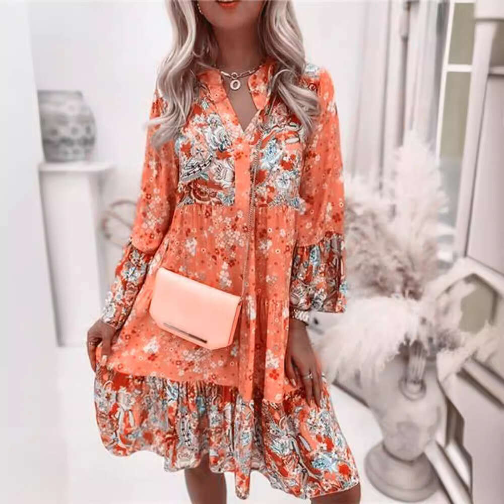 2026 cross-border spring/summer new women's printed patchwork short skirt, popular layered mini dress, in stock with real photos
