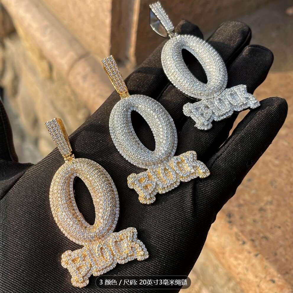Hip-Hop Copper Pendant With Diamonds, O-Letter BLOCK Design, Personalized Trendy Cuban Chain Necklace, Cross-Border Men's Fashion Accessory