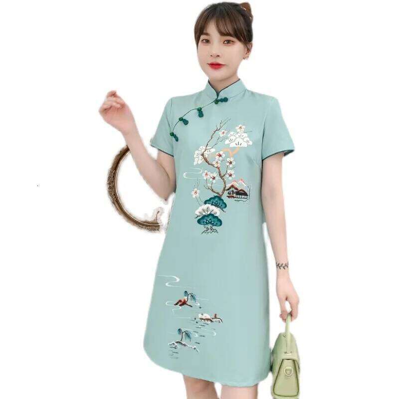 Plus Size M-4Xl 2021 New Blue Loose Fashion Modern Cheongsam Dress Women Short Sleeve Qipao Traditional Chinese Style Clothes MAKOUFEI