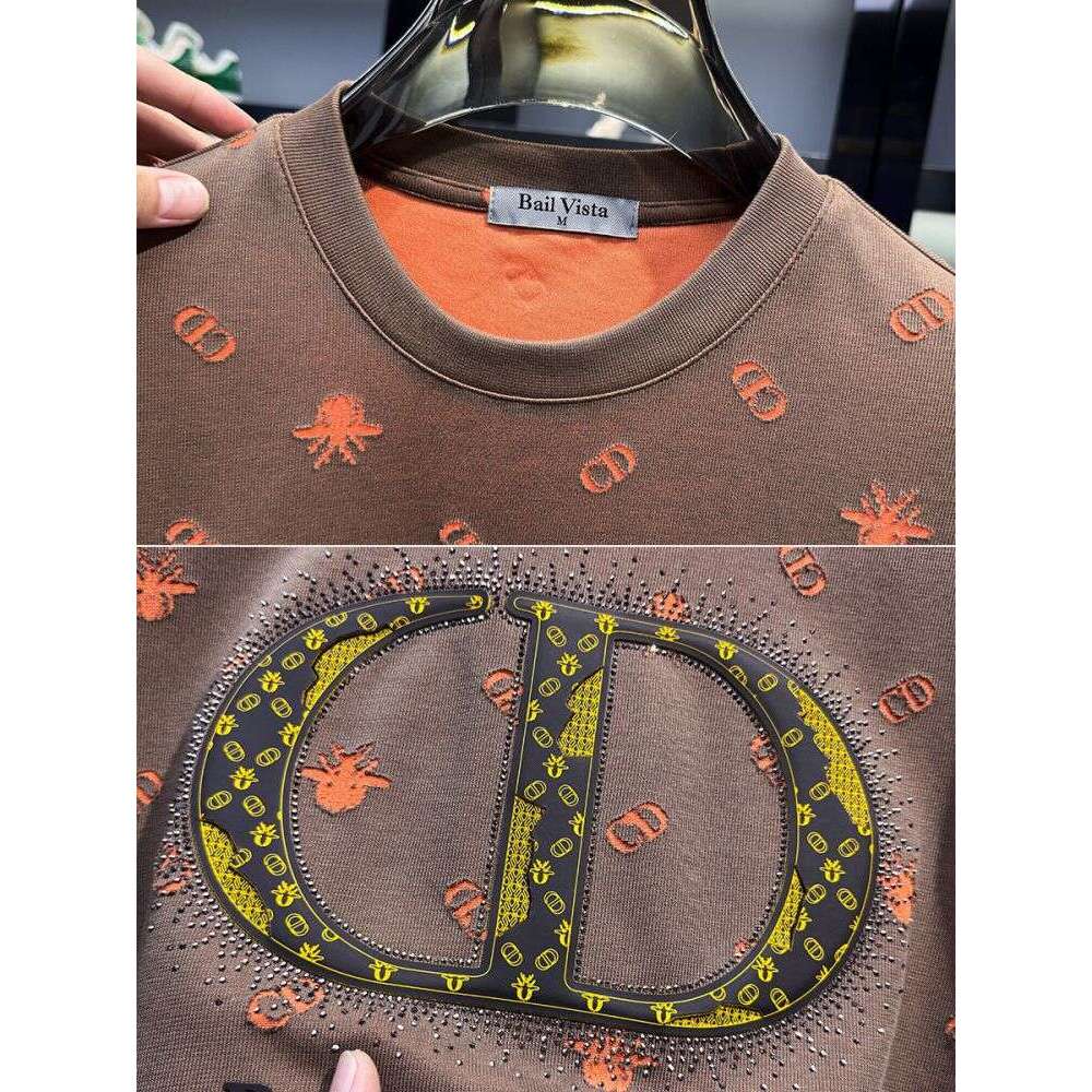 Men's American-style light luxury jacquard full-print round-neck short-sleeve T-shirt, trendy brand luxury new summer European style with rhinest