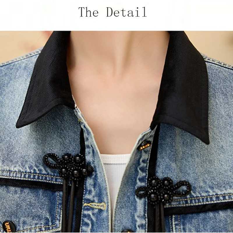 New 2025 Spring Denim Coat And Jacket Women Patchwork Color Chinese Style Tie Long Sleeve Blue Jeans Jackets OutwearT260328