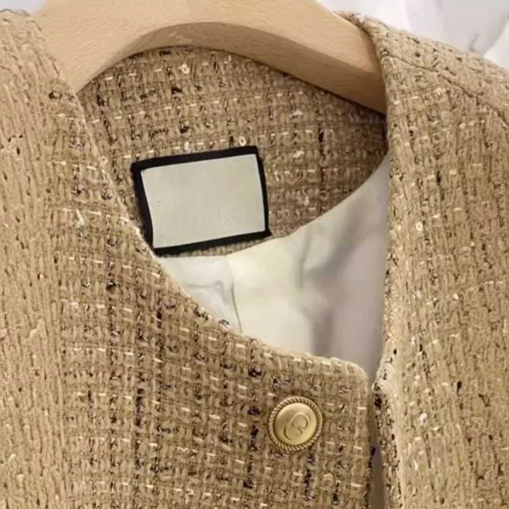 Elegant Cropped Tweed Wool Womens Jacket O-Neck Short Coat Solid Korean Style Golden French Look 2025 Autumn Fashion for WomenT260328