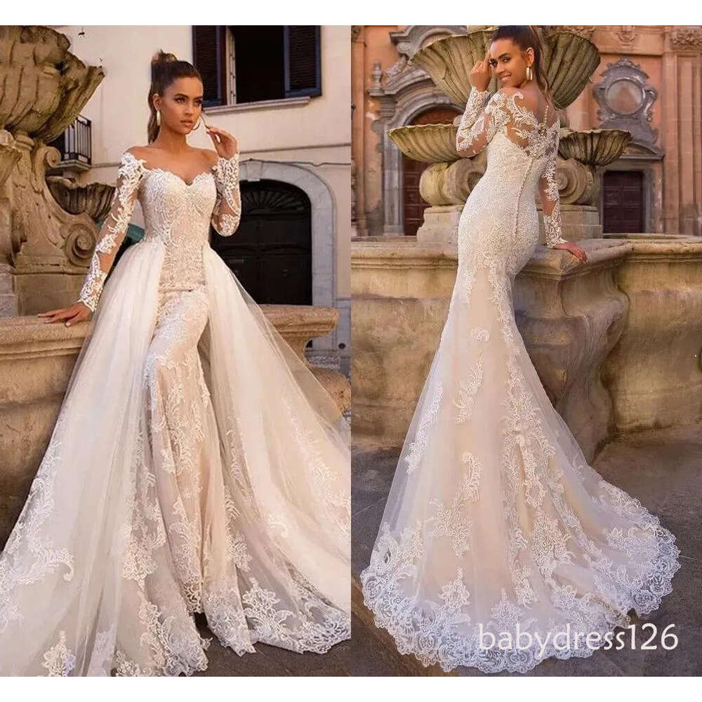 Long Sleeves Vintage Mermaid Wedding Dresses with Detachable Skirt 2 in 1 Luxury lace applique garden farm bridal gowns robes ZD12 ZD19