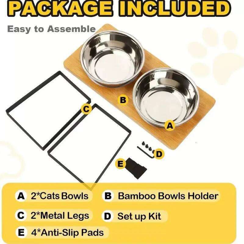 FGG Elevated 15 Tilted Raised Cat Food with Wooden Stand Anti Vomiting 2Stainless Steel Bowls for Cats and Puppy 26W0330