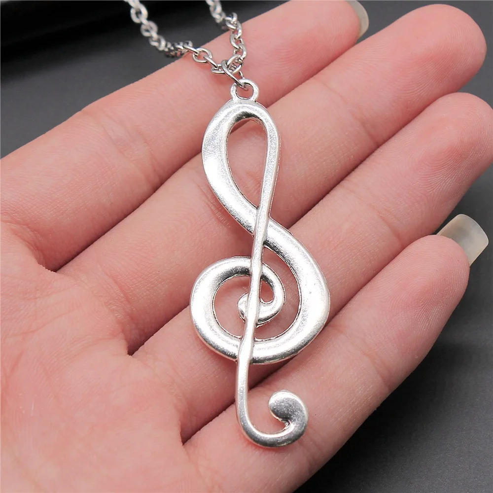 Vintage Antique Silver Plated 61x22mm Big Musical Note Pendant Necklace For Women Men Long Chain Trendy Jewelry Accessories 260327