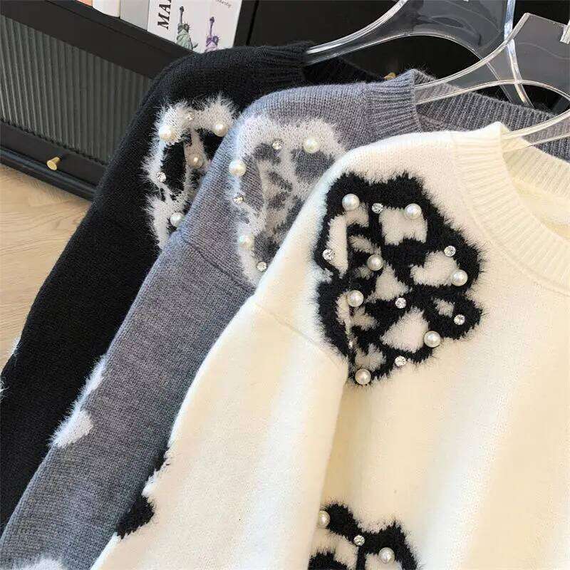 Korejpaa Sweet Flower Embroidery Gray Pullover Sweater Women Autumn Winter Clothes Korean Style Slimming Pull Femme Elegant