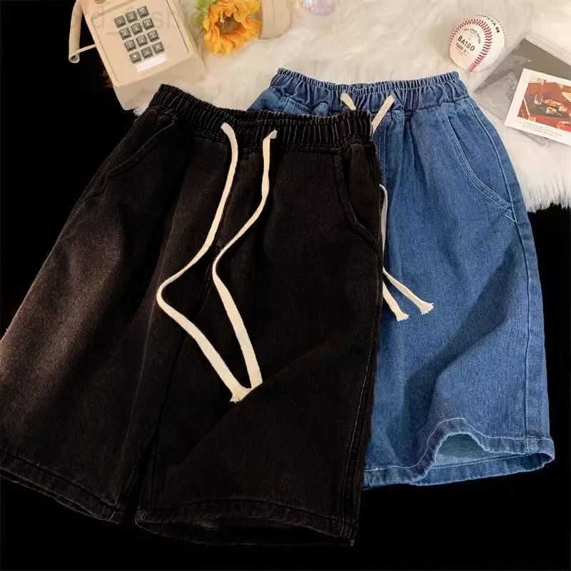 Denim shorts mens summer thin loose five quarter pants casual washed elastic waist straight leg shorts H260330
