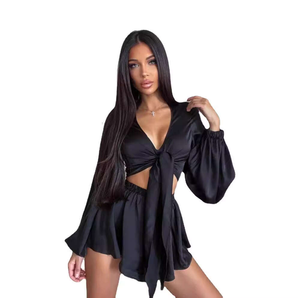 European American 2026 new cross-border lace-up sexy French long-sleeve top and shorts set for women