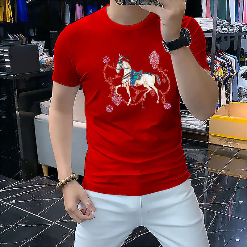 Ice Silk European Station 2026 Summer New Fashion Mens Trendy Rhinestone Short Sleeve T-Shirt Base Shirt