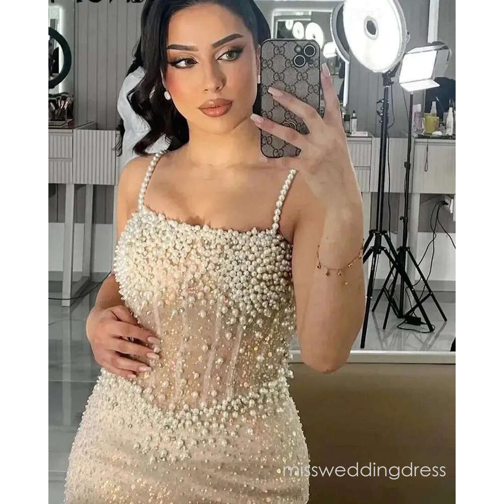 2026 Luxury Champagne Prom Engagement Dress Straps Pearls Beads Sequins Sheath Birthday Evening Party Gowns Robe De Soiree BES152