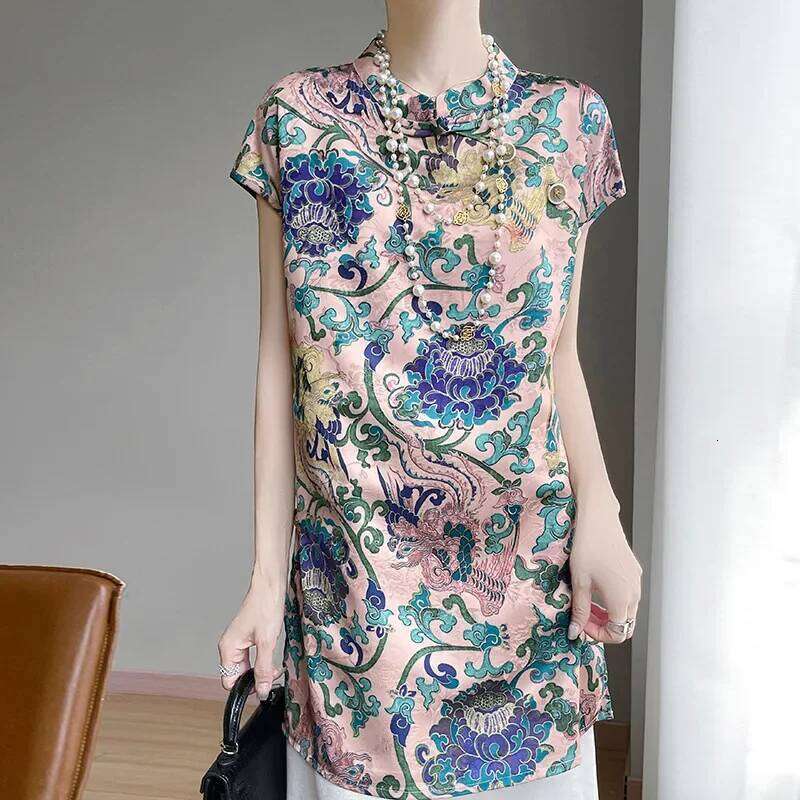 New Chinese Style Long Sleeve Shirt Middle Length Qipao Collar Summer Side Slit Zen Spirit Fashionable Women's Top MAKOUFEI
