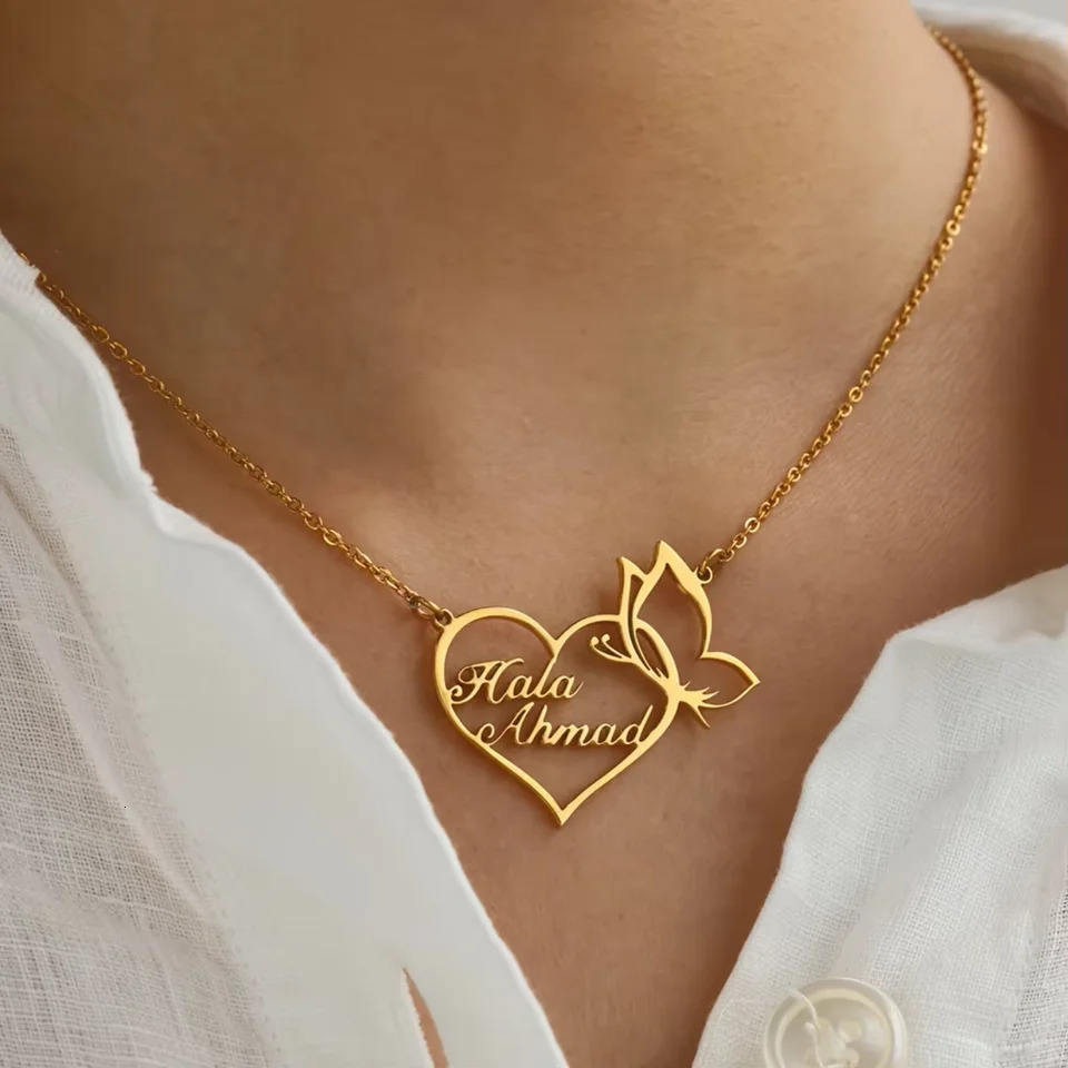 Custom Double Name Necklace For Women Stainless Steel Heart Butterfly Personalized Nameplate Necklaces Romantic Couple Jewelry 260327