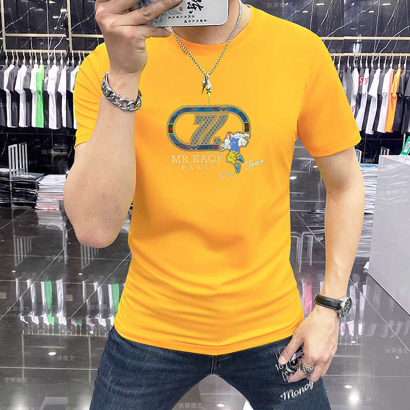 Light luxury European-style men's short-sleeve round-neck T-shirt, fashionable versatile, fitted design with rhinestone embellishments and 3D res