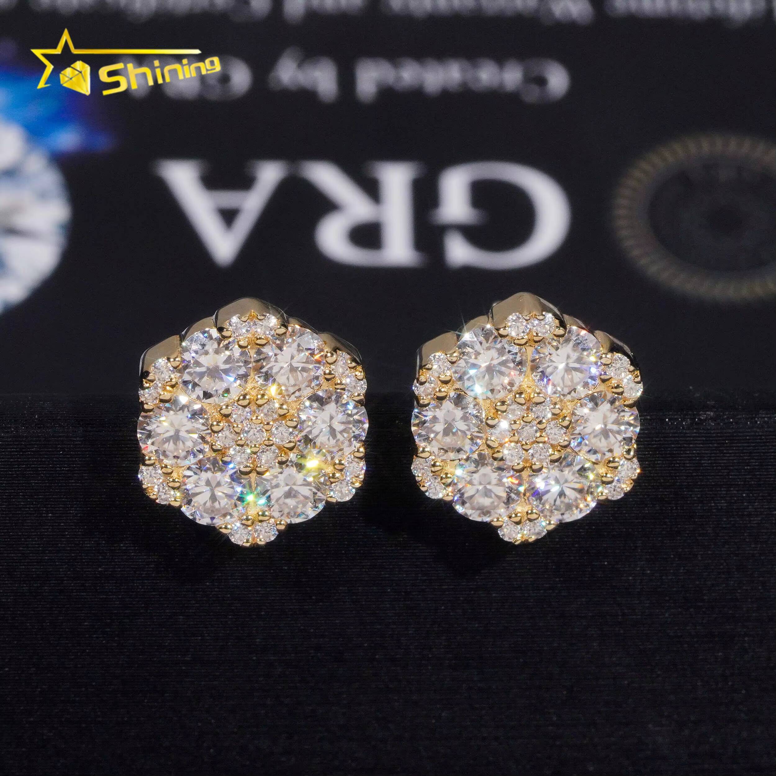 Fine Jewelry Big Luxury Cluster Flower Hip Hop 925 Sterling Silver Moissanite Stud Earrings
