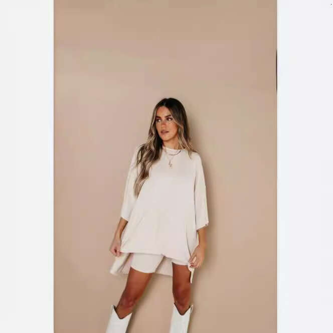 2026 Spring/Summer New Versatile Loose Plus-Size Women's Clothing European American Casual Home Short-Sleeve T-Shirt and Shorts Set
