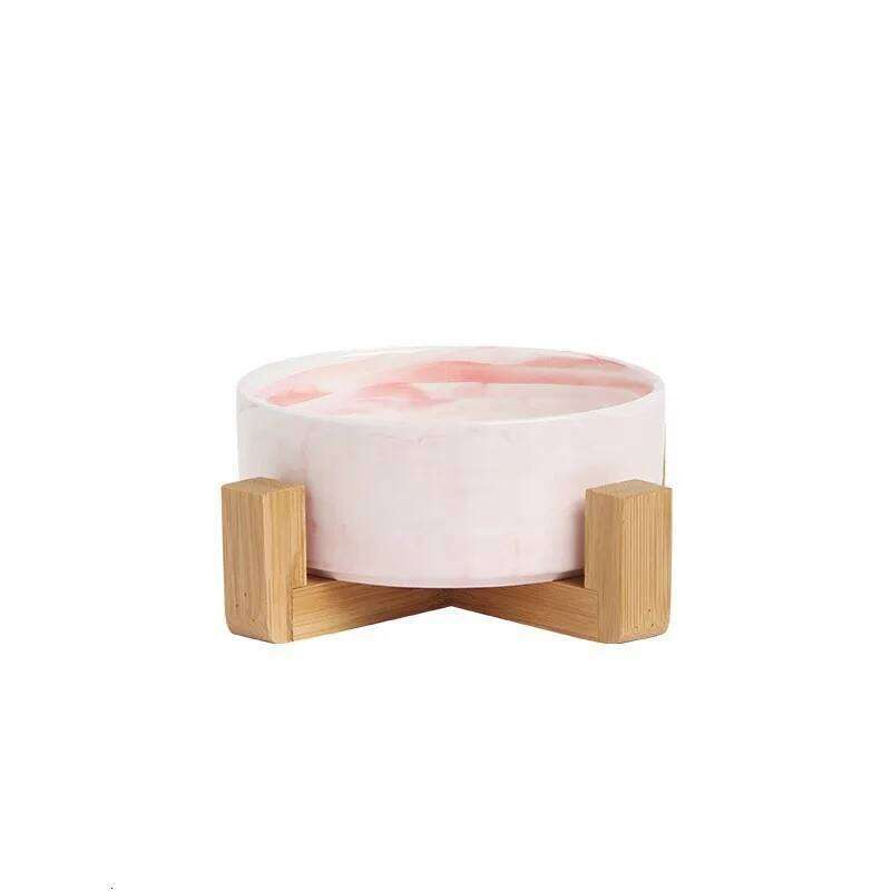 Marble-Patterned Pet with Wooden Frame Gold Edge Fashionable Creative Water Food Bowl for Dogs and Cats 26W0330