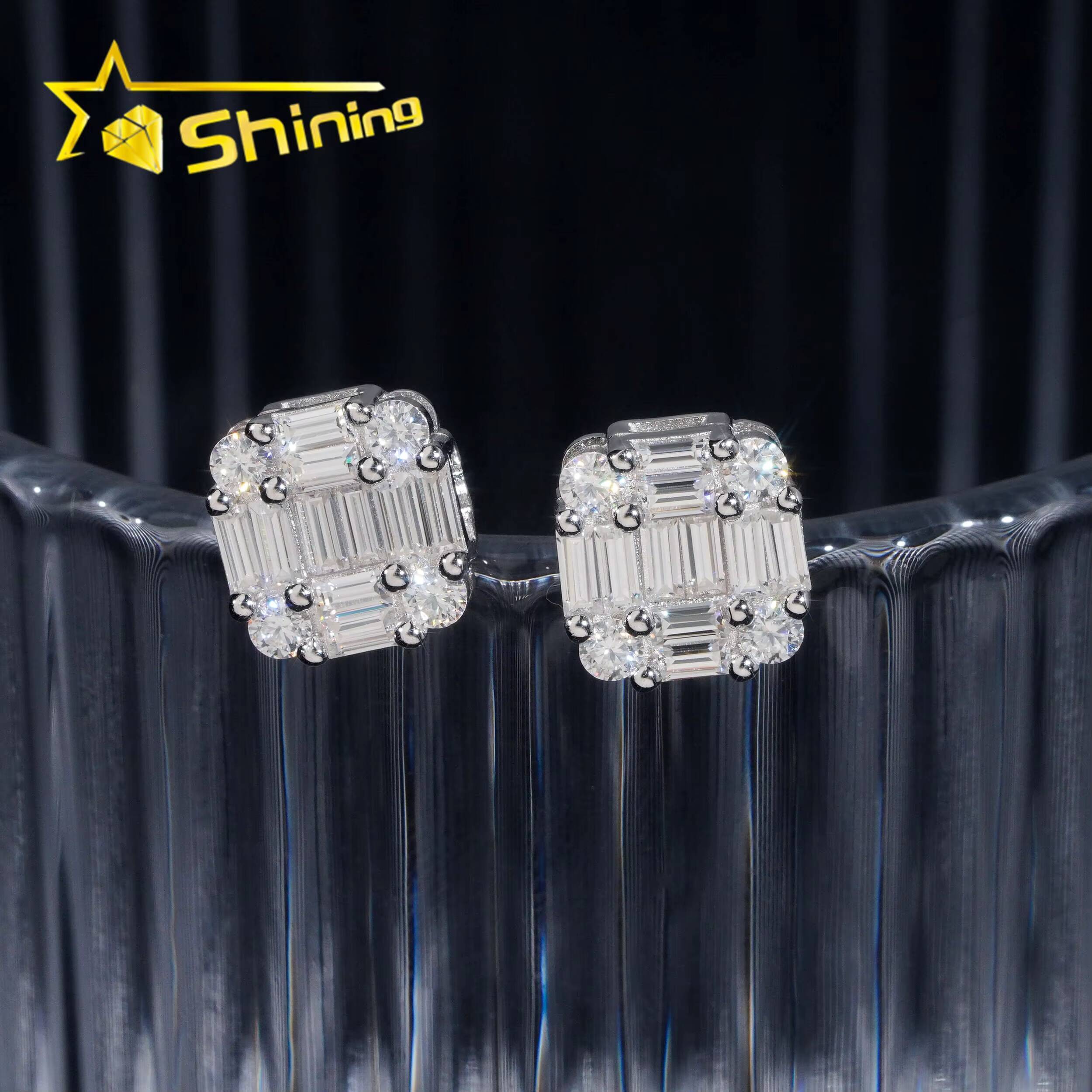 Ready to Ship Hip Hop Jewelry Pass Diamond Tester 925 Sterling Silver VVS Moissanite Diamond Classic Baguette Stud Earrings