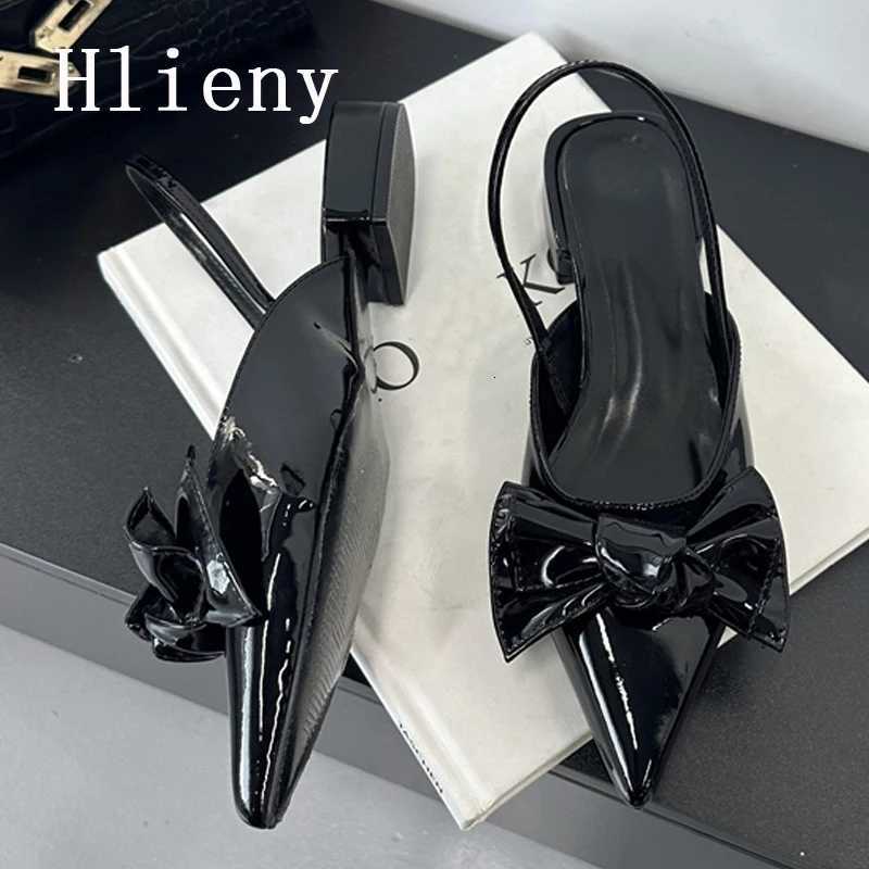 Hlieny Fashion Design Big Butterfly Knot Women Flat Mules Sandals High Quality Cozy Patent Leather Pointed Toe Back Strap Shoes Z260330