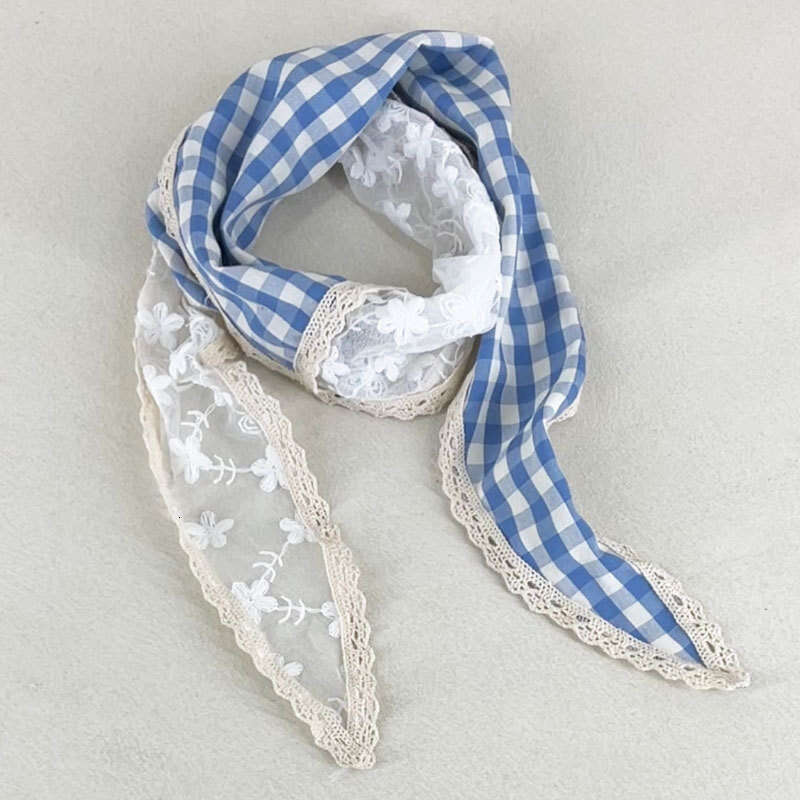 N-Style New Plaid Patchwork Lace Diamond-Shaped Scarf, Sweet And Girly Atmosphere Headscarf, Photo Decoration, Vintage Silk Scarf Qian Pan