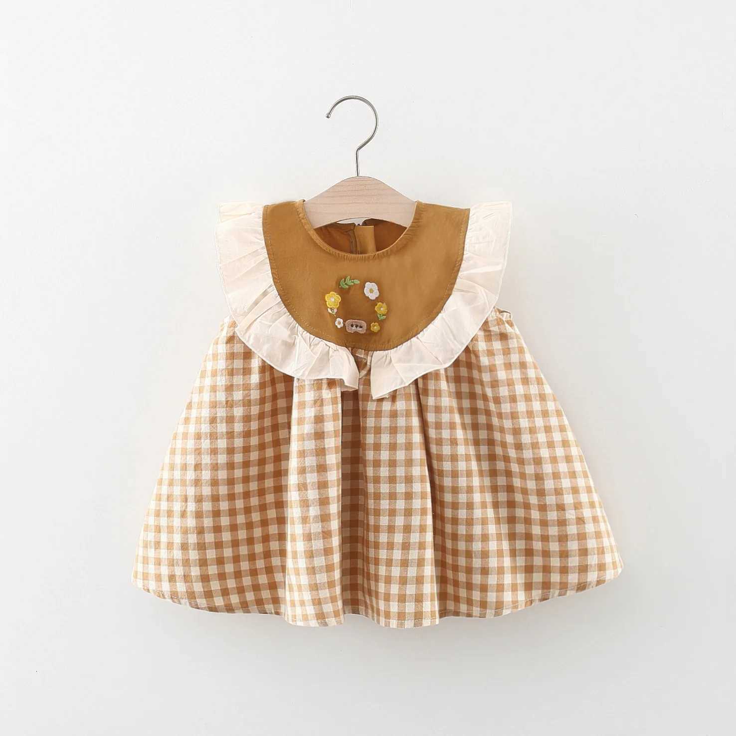 9 Months -3 Years Old Summer New Brown Checkered Baby Girl Dress Simple Korean Style ChildrenS ClothingT260330