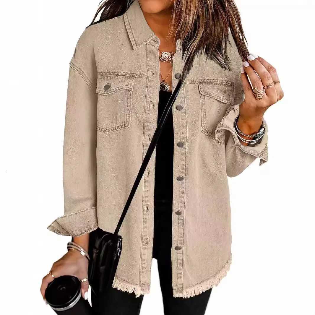 New Washed Denim Shirt Jacket for Women Fall/Winter Street Style with Distressed Hem Womens OuterwearT260328