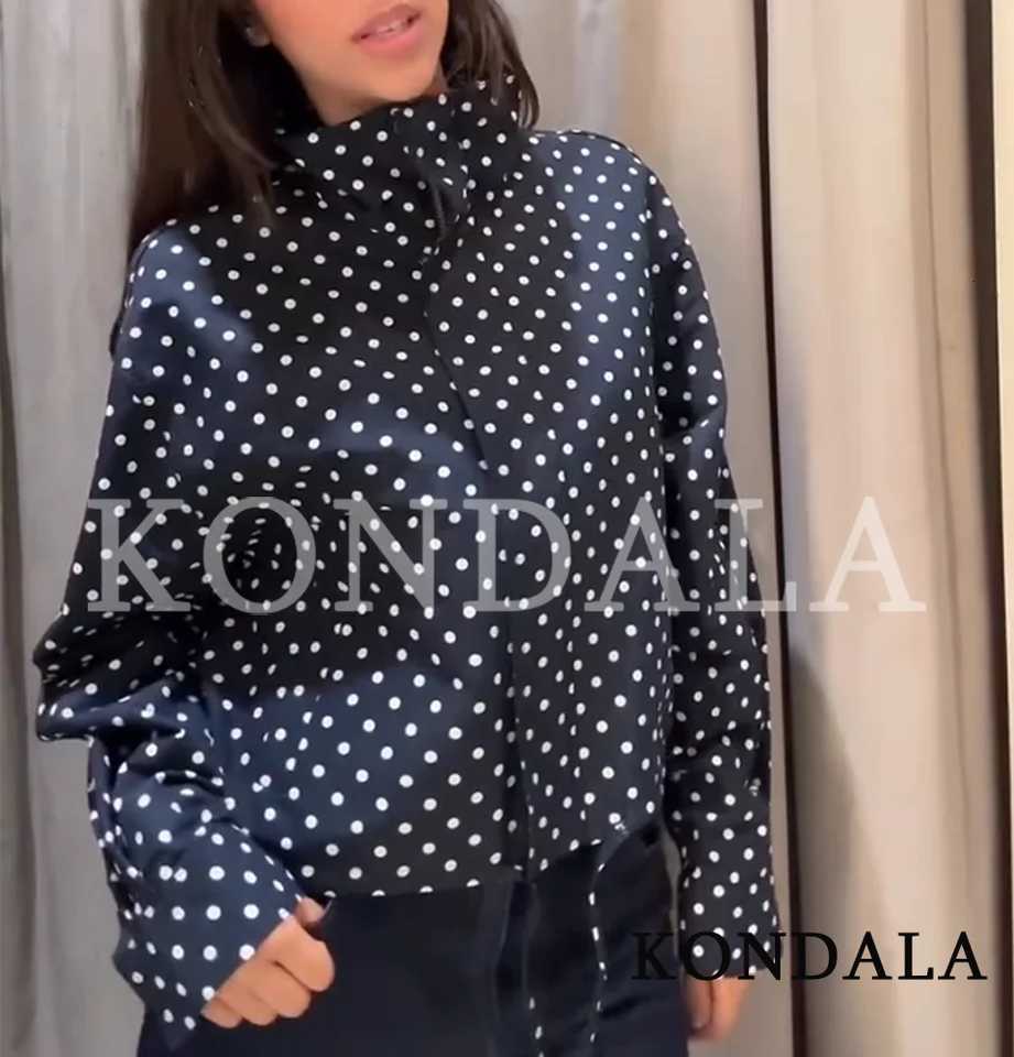 KONDALA Casual Polka Dot Jacket Womens Dark Navy Blue Stand Collar Jacket New 2026 Spring Summer Trendy High Street Lady JacketT260328