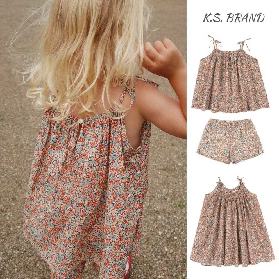 2026 New KS Summer Baby Girls Cotton Slip Dresses Kids Clothes Girl Floral Print Tank Top T-shirts Shorts Suits Childrens SetsT260330
