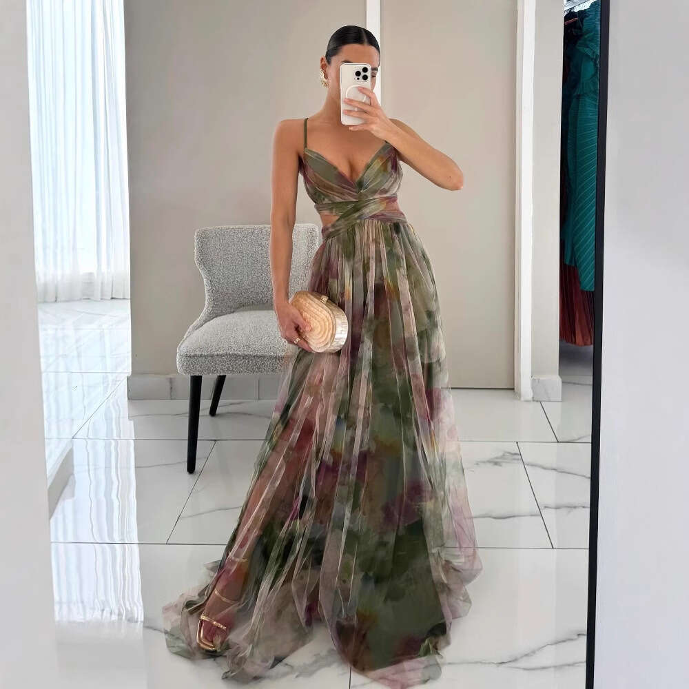 Women Designer Dresses Printed V Neck Slip Dresses Spring 2026 Dresses For Women Cross Strap Backless Dress