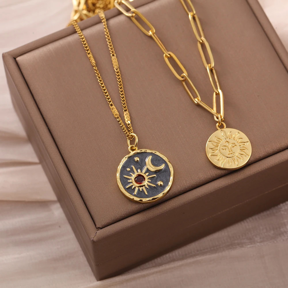 Cute Sun Heart Necklace for Women Tree Flower Pendant Long Stainless Steel Chain Collars Gold Color Choker Office Lady Party 260327