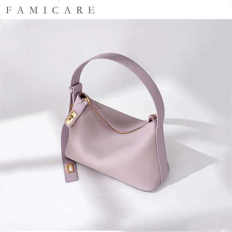 Women S Plain Color Genuine Leather Handbag Fashionable All Match Casual Versatile Trendy Single Shoulder Bag With Lock Design