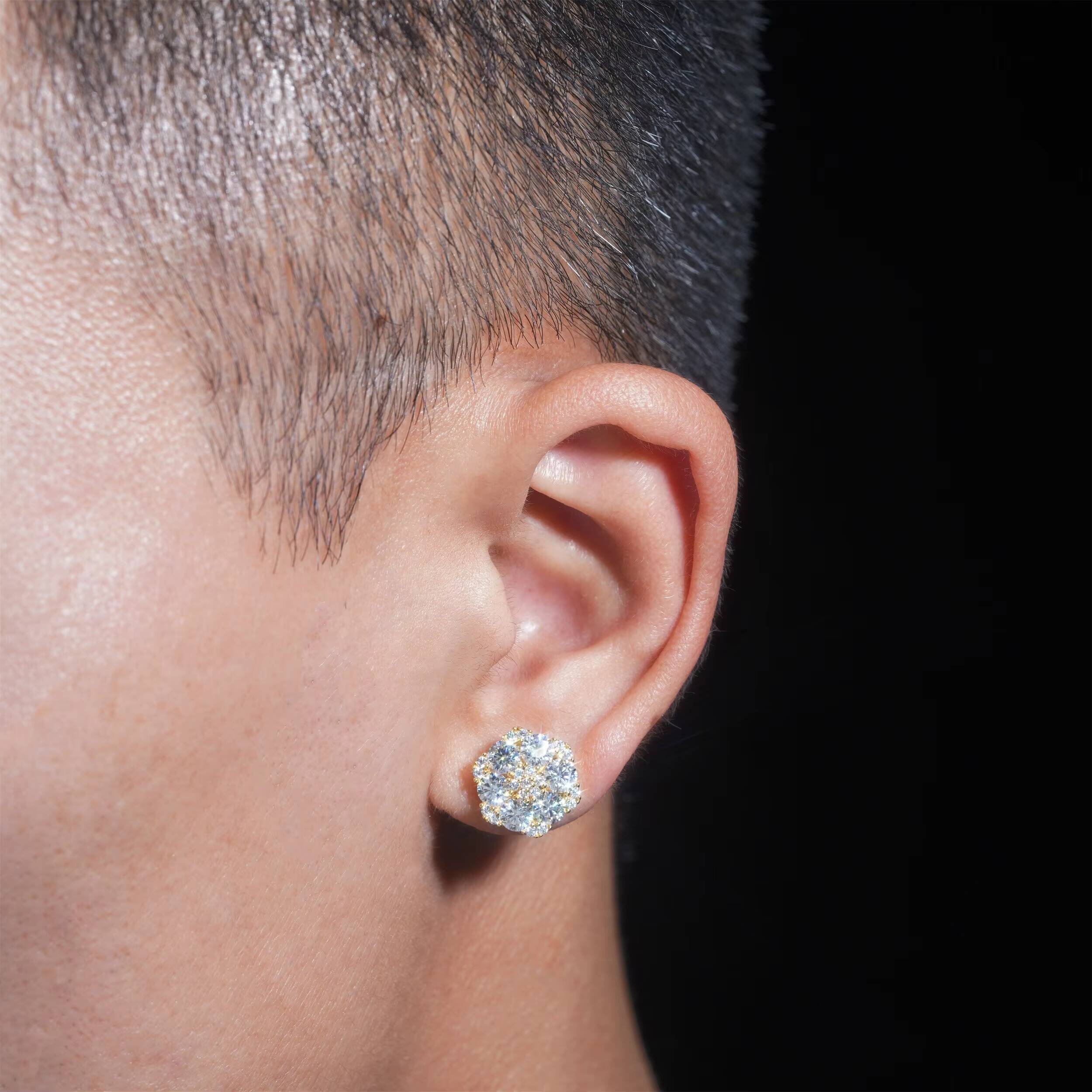 IGI Certificate Hip Hop 14K Real White Gold Round Lab Diamond Cluster Flower Stud Earrings Gift for Women Men Fine Jewelry