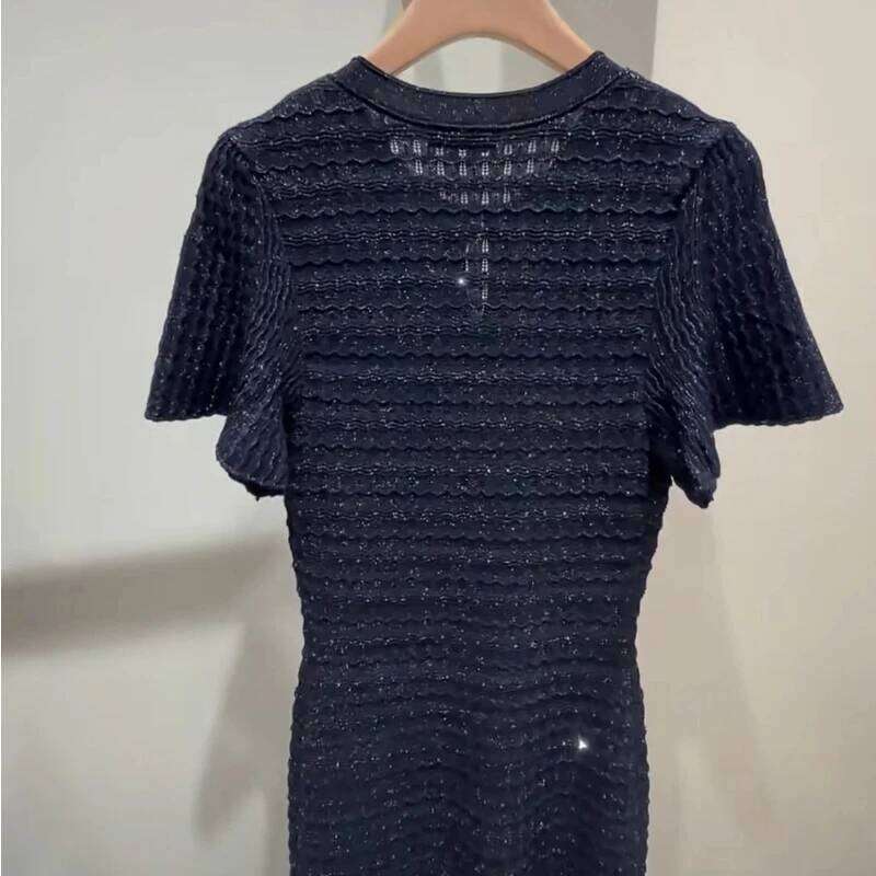 Asian Size Luxury Temperament Fashion Slim Navy Blue Round Neck Short-Sleeved Bright Silk Knitted Dress Women 26 New Mdng260330