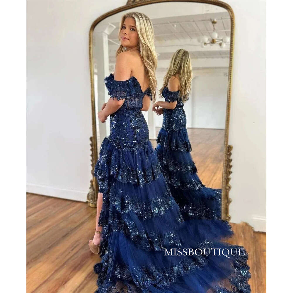 Shiny Sequins Mist Blue Prom Dress 2024 Lace Beaded Off Shoulder Tulle High-Low Long Train Formal Birthday Evening Gala Gowns Robe De Soiree D0330