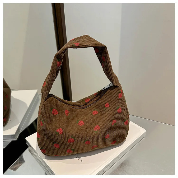 Women Small Corduroy Handbag Cute Strawberry Print Little Tote Underarm Bag Half Moon n Eco Cloth Purse Mini Shoulder Bags 260317