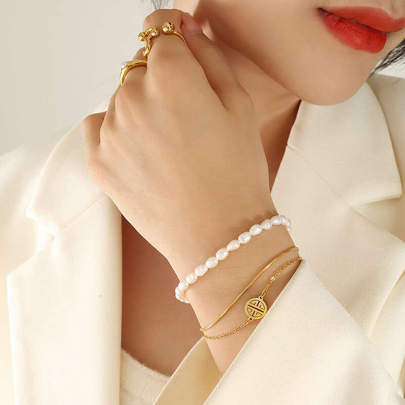 Chinese Style Ins Retro Design Simple Three-layer Fortune Charm Freshwater Pearl Gold Titanium Steel Bracelet For Women