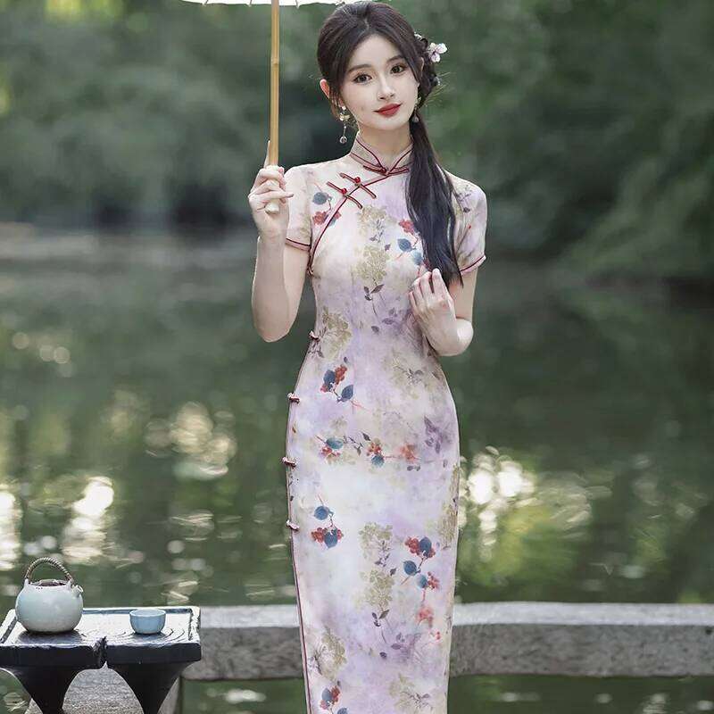 Qipao Chinese Dresses Women's Premium Modern Pink Elegant Evening Party Long Chiffon Light And Thin Summer Cheongsam MAKOUFEI