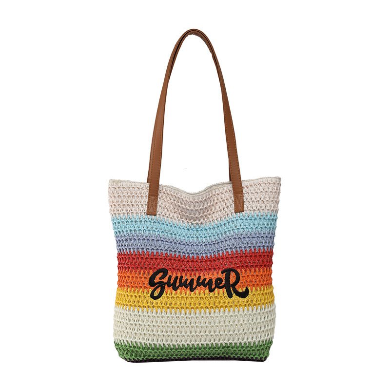 Free Shipping High Value Rainbow Striped Straw Tote Bag for Women Summer Beach Handbag Large Capacity Shoulder Bag