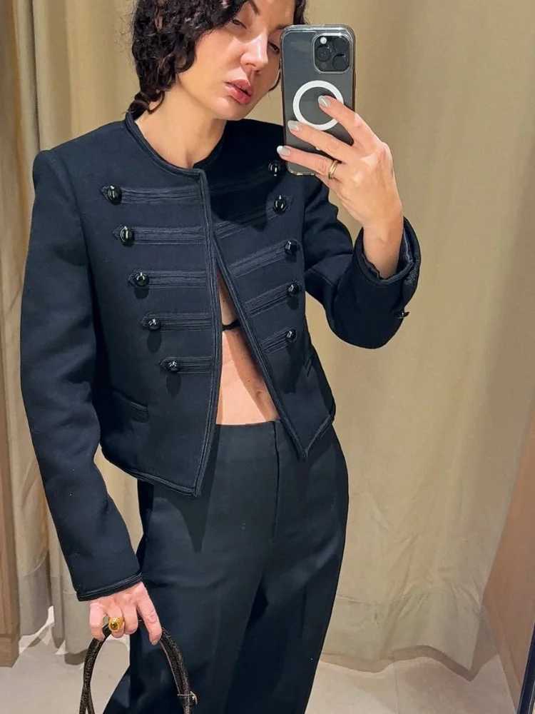 Chic Black Round Neck Napoleon Military Jacket Women Casual Full Sleeve Buttons Cropped Slim Coat 2026 Lady Daily Street JacketsT260328