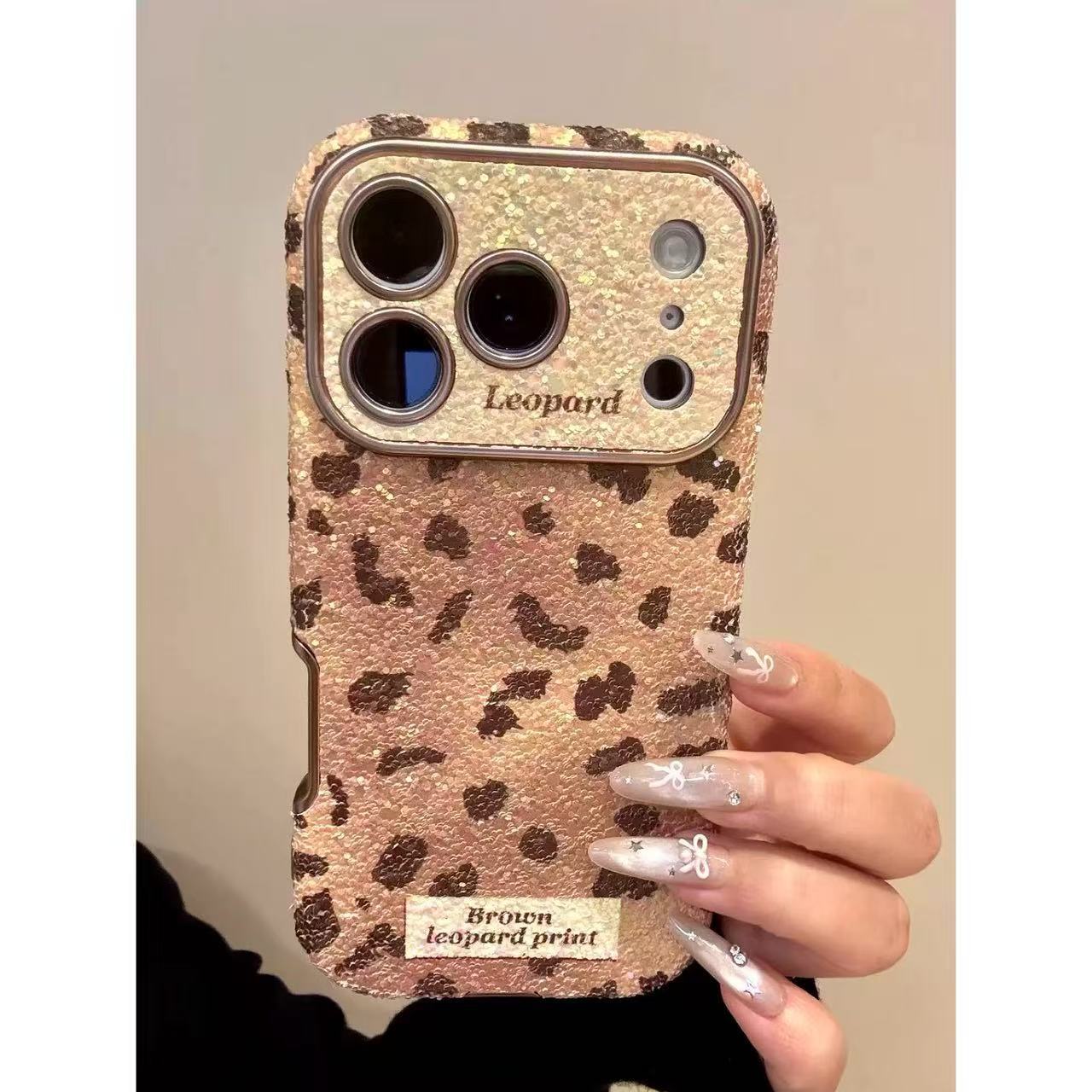 Luxury Sequin Leopard Print Large Window Case For iPhone