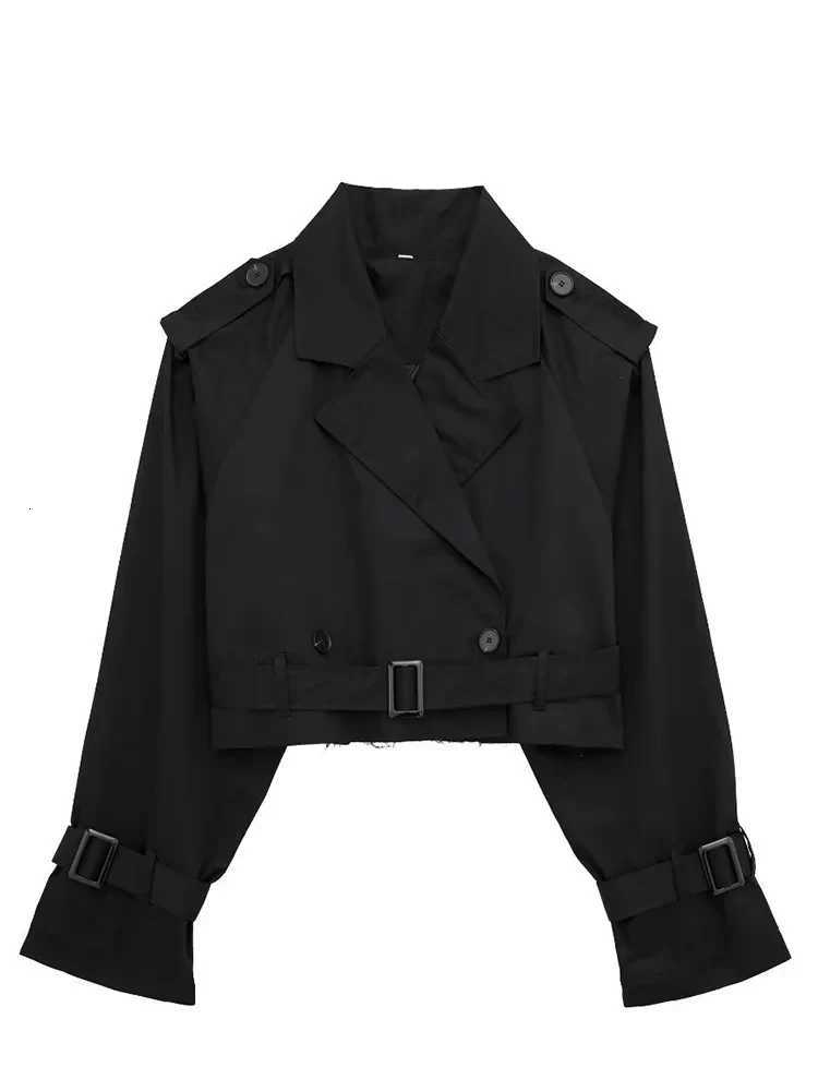 HH 2025 Women Belt Cropped Trench Spring Jacket Vintage Streetwear Double Breasted Long Sleeve Top Female Coat OutfitsT260328