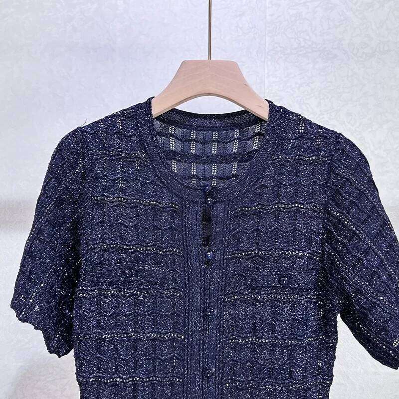 Women Diamond Embellished Sparkling Knitted Dress Hollow Out Elegant Female O-Neck Navy Blue Single Breasted Knit Midi Robe Mdng260330