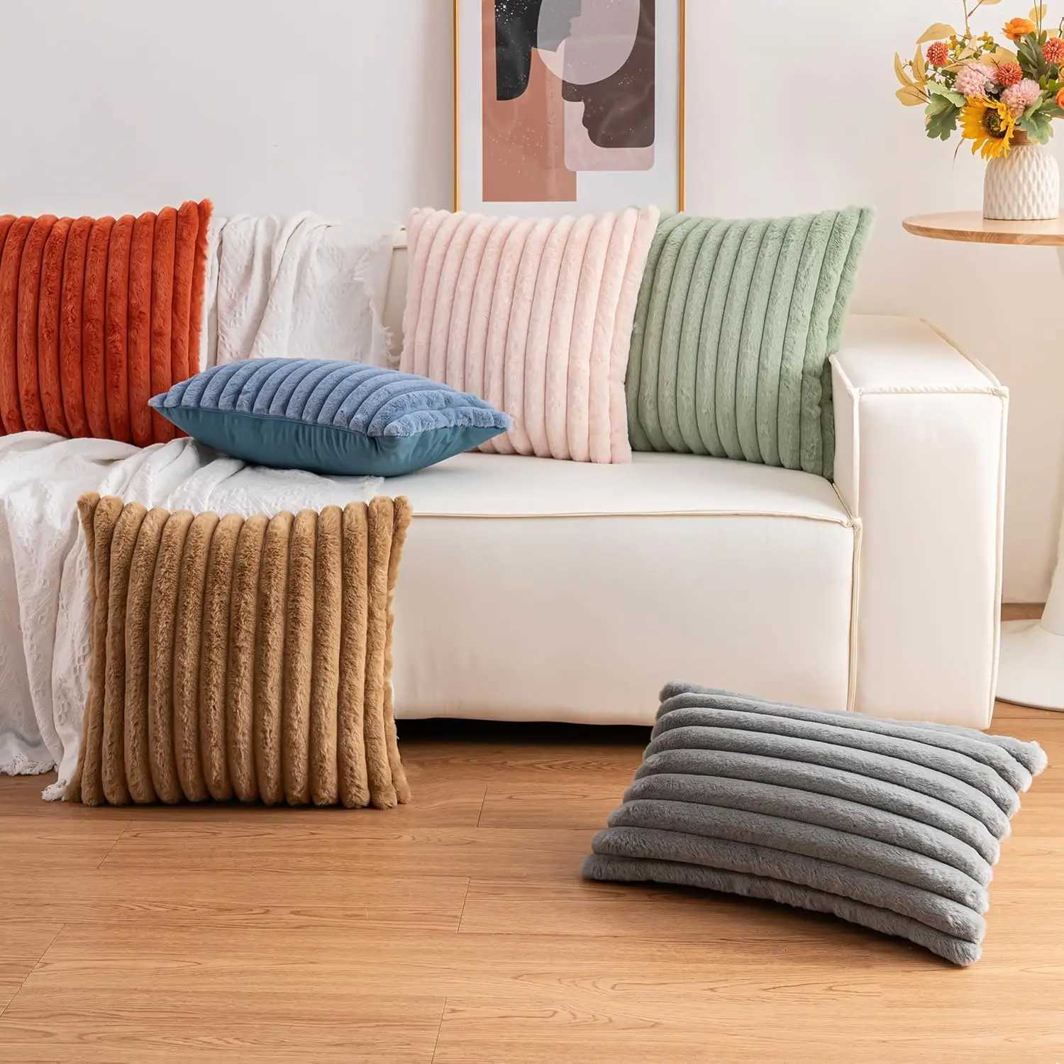 2-Pack Faux Fur Christmas Pillow Covers 18x18 Inch Soft Plush Striped Neutral for Sofa Living Room Bed Cream White H260330 - view 7