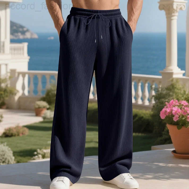 Autumn Winter Heavyweight Loose Mens Pants Casual Ribbed Jacquard Texture Straight Simple Suitable for Daily Wear H260330