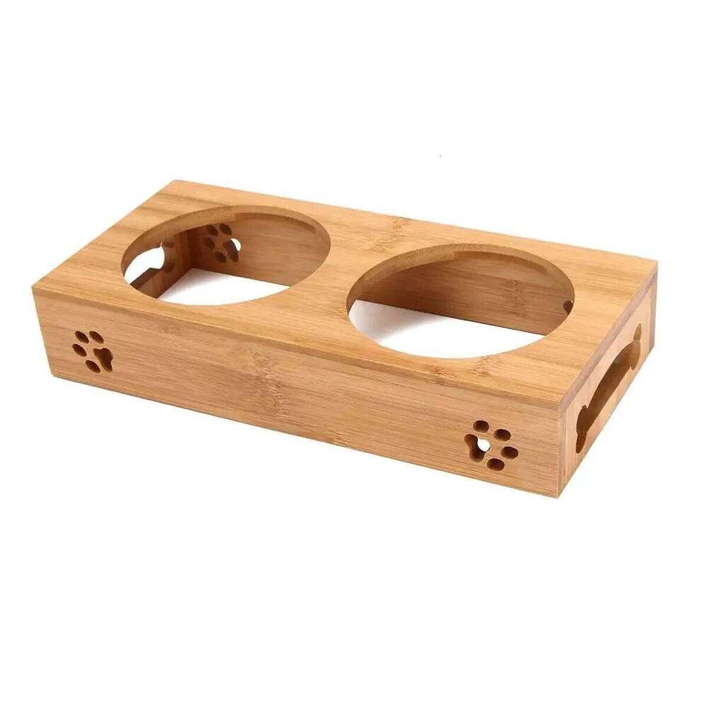 Pet Bear Bamboo Plate Natural Durable Safety Wood Stainless Steel Cat Dog Utility Double Bowl 26W0330