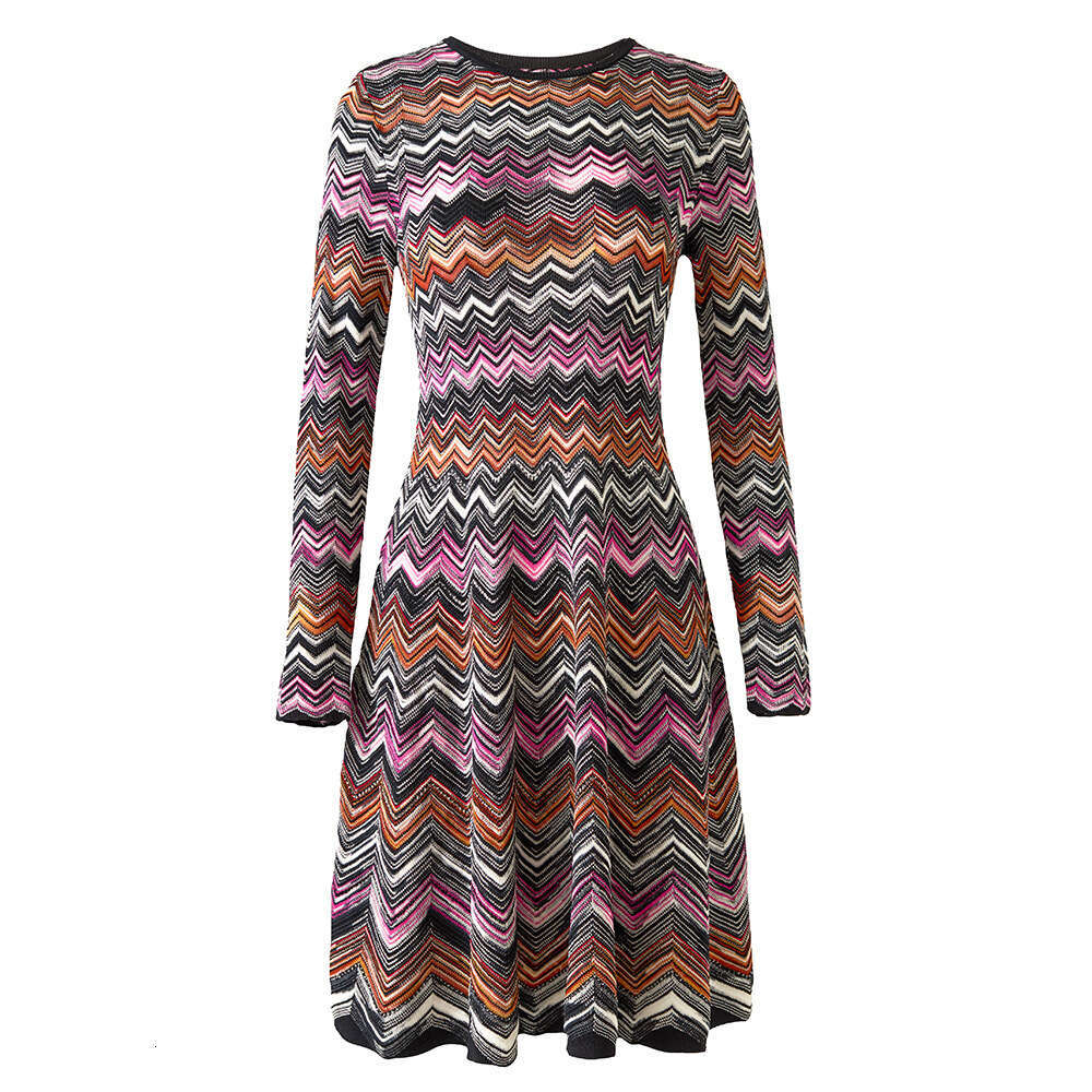 Designer Women's Fashion Large Bottom Color blocked Round Neck q26 Long Sleeve Knitted Dress Subtle Sexy Long Dress