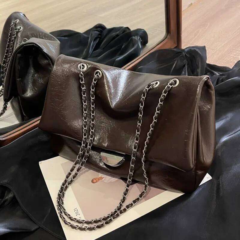 JIAERDI Retro Chain Silver Buckle Tote Women Waxed Leather Texture Large Capacity Shoulder Bag Ladies New Underarm Bags TIANOUDAISHU