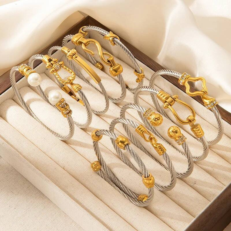 Stainless 1 Pcs Gold Plated Trendy Retro Hip Hop Style Bracelet Fried Dough Twists Steel Wire Rope Colorfast Bangle